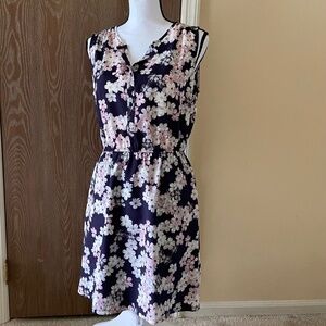 Anne Taylor LOFT Navy Blue Pink Floral Dress Size MP with Pockets